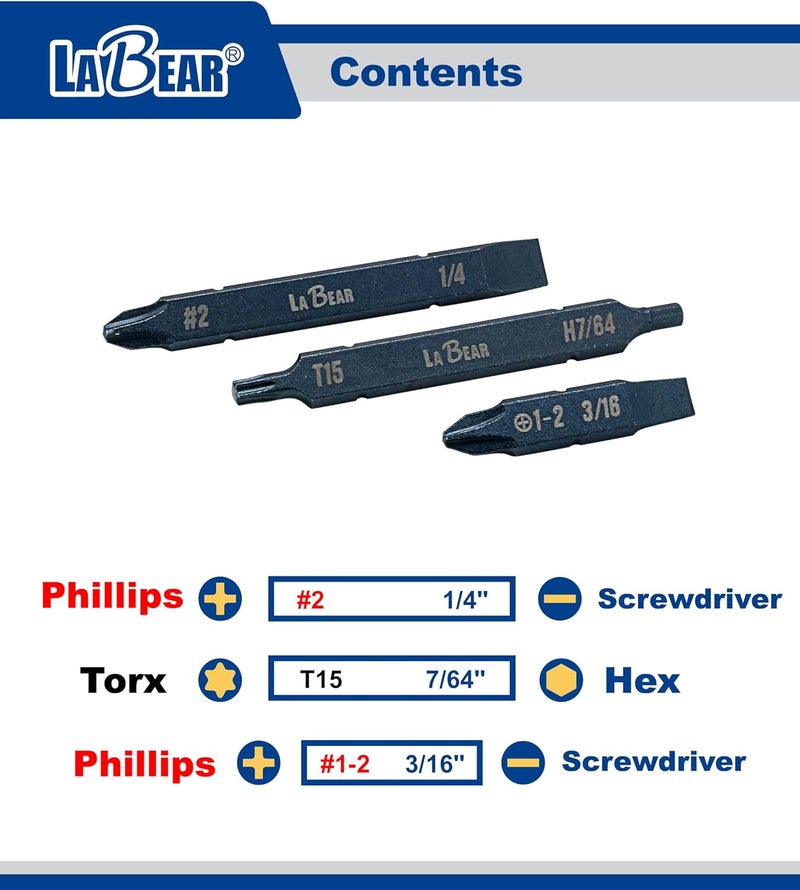 LABEAR - 3pcs Two-Sided Screwdriver Bit For Leatherman MultiTool Accessories- Long Phillips #2 and 1/4" Screwdriver &Torx #15 and Hex 7/64" Short Phillips #1-2 and 3/16" (Not Included SKELETOOLS) - Image 2